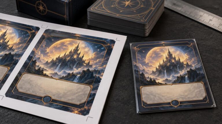 Close-up of fantasy-themed cards, a printed sheet with crop marks, a ruler, stacked cards, and dark deck boxes on a tabletop.
