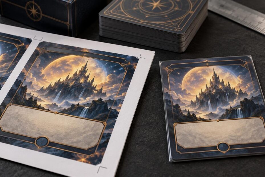 Close-up of fantasy-themed cards, a printed sheet with crop marks, a ruler, stacked cards, and dark deck boxes on a tabletop.