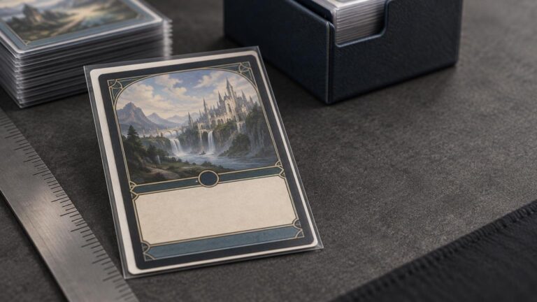 Close-up of a sleeved fantasy-themed trading card beside a metal ruler on a dark tabletop, with stacked cards and a black deck box in the background.