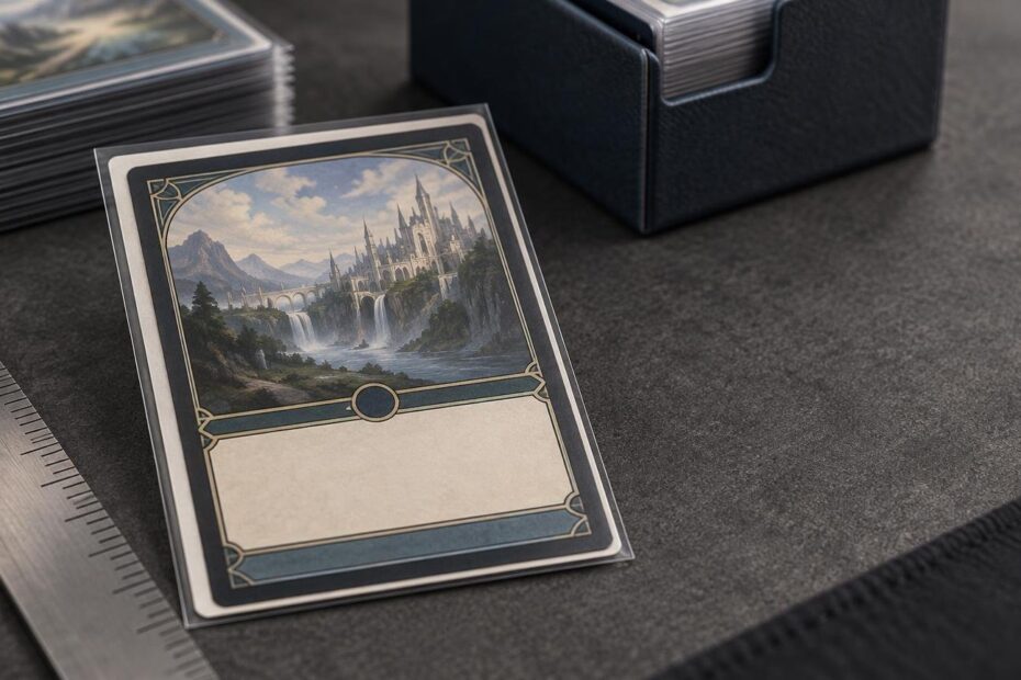 Close-up of a sleeved fantasy-themed trading card beside a metal ruler on a dark tabletop, with stacked cards and a black deck box in the background.