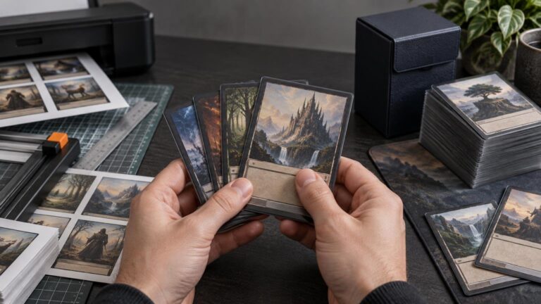 Hands inspect a fan of sleeved fantasy trading cards beside a home printer, paper cutter, printed sheets, deck boxes, and stacked cards on a desk.