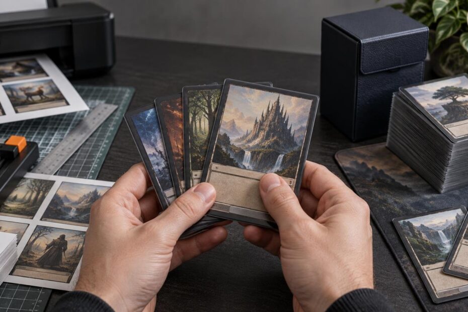 Hands inspect a fan of sleeved fantasy trading cards beside a home printer, paper cutter, printed sheets, deck boxes, and stacked cards on a desk.