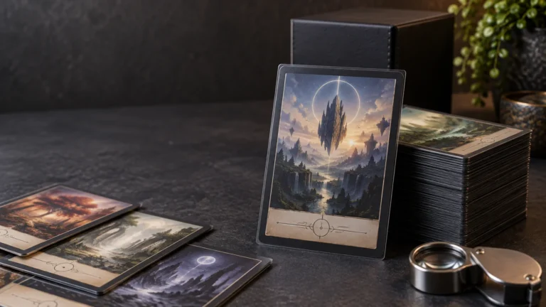 Close-up tabletop scene with sleeved fantasy-themed cards, a neatly stacked deck, a black deck box, and a magnifying loupe under neutral light.
