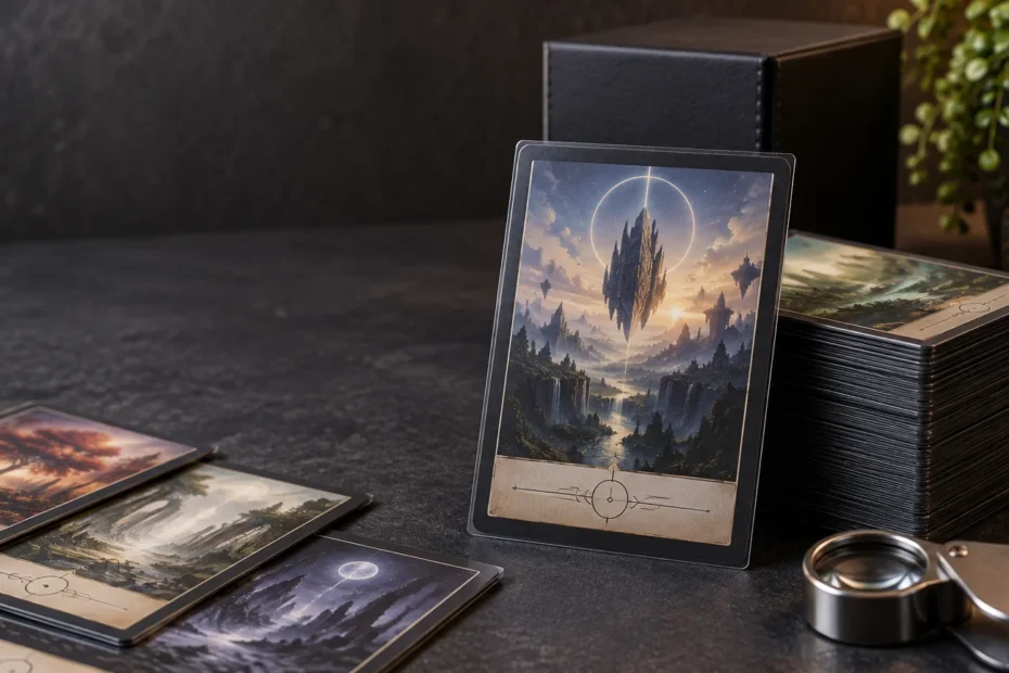 Close-up tabletop scene with sleeved fantasy-themed cards, a neatly stacked deck, a black deck box, and a magnifying loupe under neutral light.