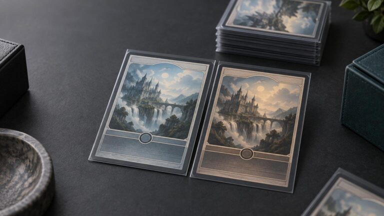 Two sleeved fantasy landscape cards with nearly matching castle-and-waterfall artwork lie side by side on a dark tabletop, one cooler blue and one warmer sepia, with stacked cards and deck boxes behind them.