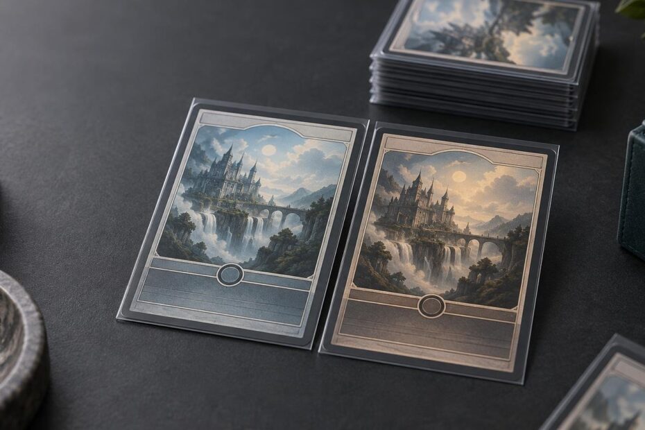 Two sleeved fantasy landscape cards with nearly matching castle-and-waterfall artwork lie side by side on a dark tabletop, one cooler blue and one warmer sepia, with stacked cards and deck boxes behind them.