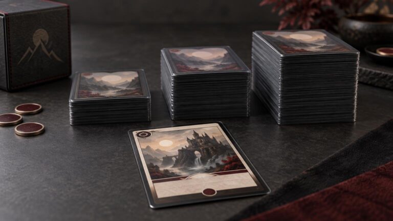 Three stacks of sleeved fantasy trading cards in increasing heights on a dark tabletop, with a deck box, round tokens, and one face-up castle landscape card in front.