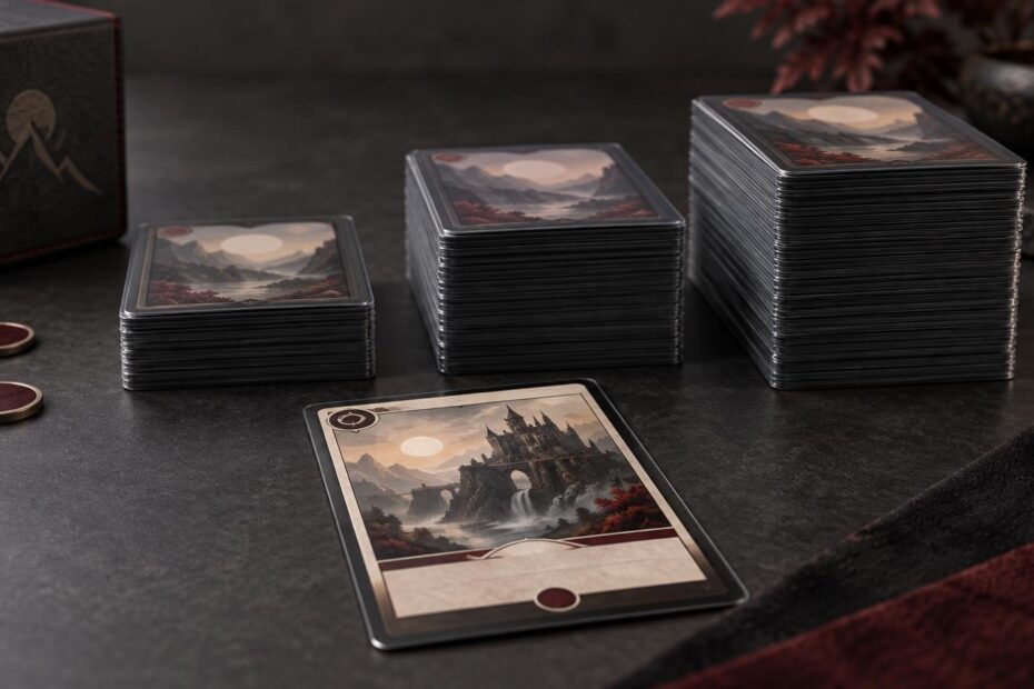 Three stacks of sleeved fantasy trading cards in increasing heights on a dark tabletop, with a deck box, round tokens, and one face-up castle landscape card in front.