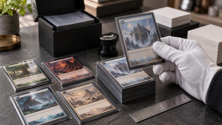 Close-up tabletop scene of sleeved fantasy-themed trading cards, stacked cards, blank card stock, a black deck box, magnifying loupe, metal ruler, and a gloved hand inspecting one card.