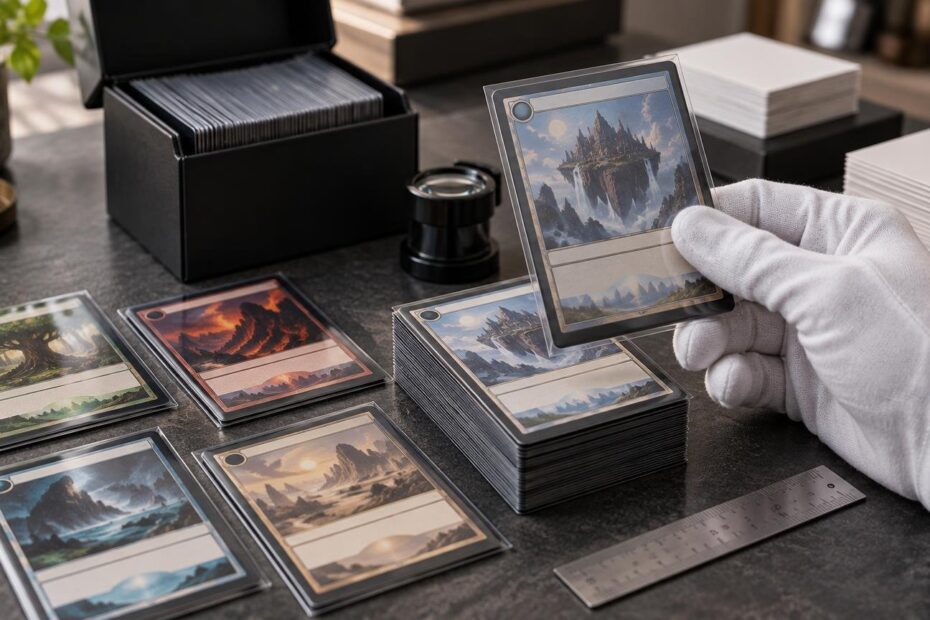 Close-up tabletop scene of sleeved fantasy-themed trading cards, stacked cards, blank card stock, a black deck box, magnifying loupe, metal ruler, and a gloved hand inspecting one card.