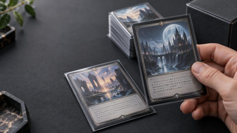 Close-up on a dark tabletop of a hand holding a sleeved fantasy card with a moonlit castle illustration and tiny unreadable text-like marks, beside another sleeved card, a stacked deck, and a black deck box.