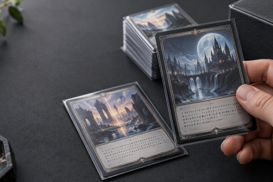 Close-up on a dark tabletop of a hand holding a sleeved fantasy card with a moonlit castle illustration and tiny unreadable text-like marks, beside another sleeved card, a stacked deck, and a black deck box.
