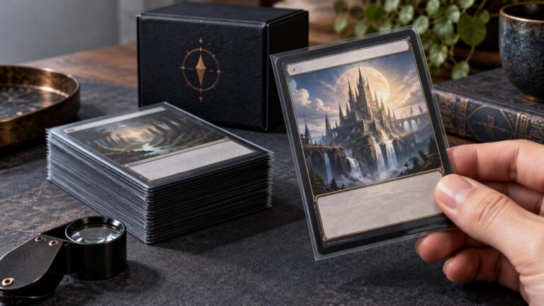 Close-up of a hand holding a sleeved fantasy card with a castle-and-waterfall illustration beside a thick stack of sleeved cards, a black deck box, magnifier, and tabletop accessories.