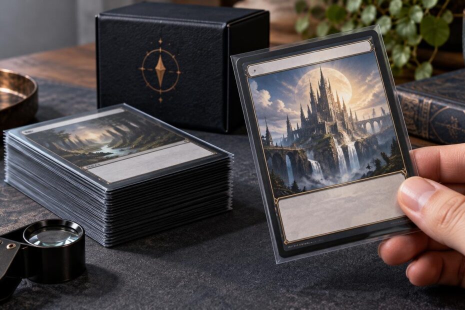 Close-up of a hand holding a sleeved fantasy card with a castle-and-waterfall illustration beside a thick stack of sleeved cards, a black deck box, magnifier, and tabletop accessories.
